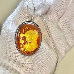 Vintage Amber Pin Brooch Pendant Necklace in Sterling Silver w 925 Italy Chain